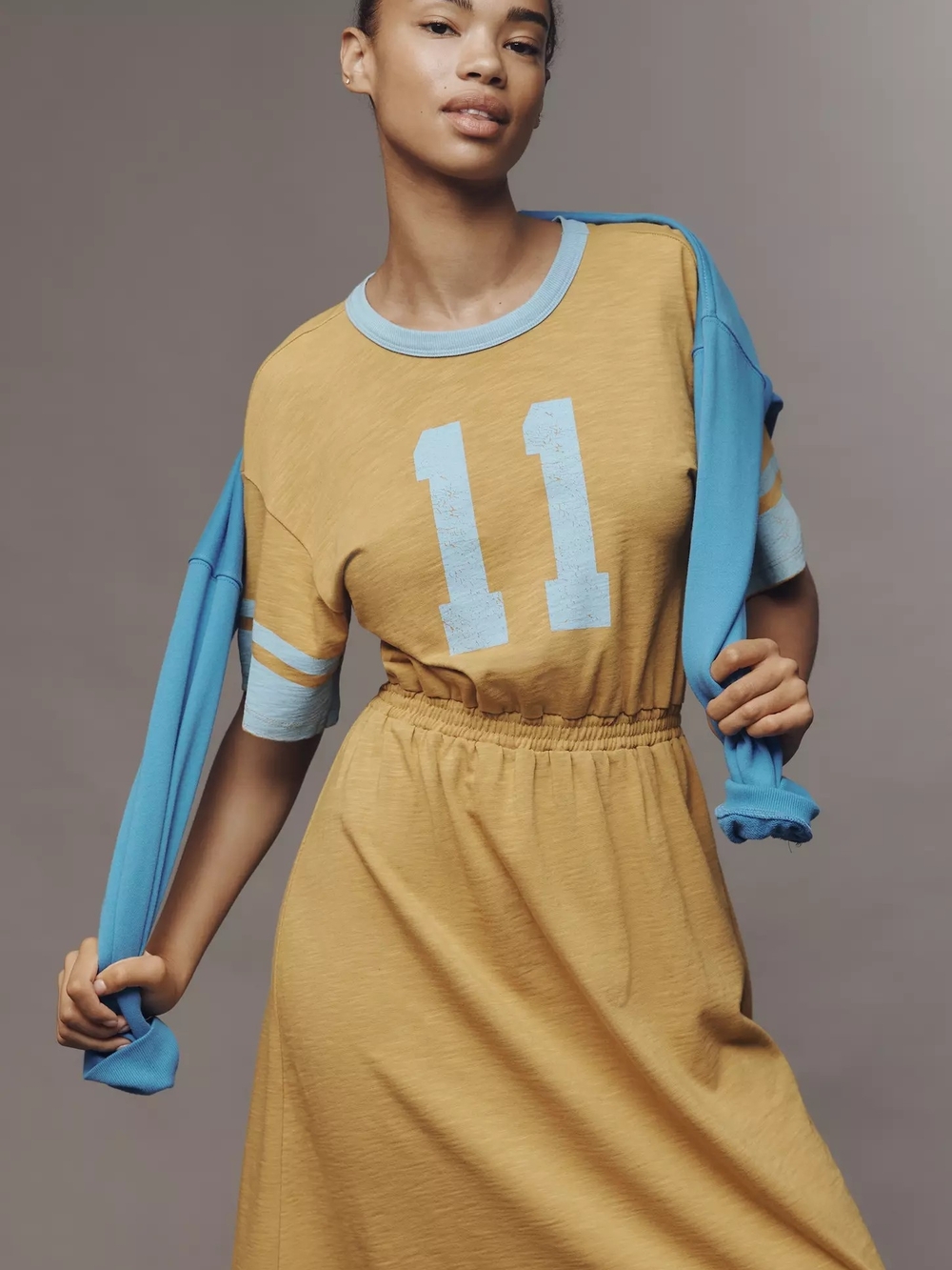 Sundry Mustard Jersey Dress with Light Blue Number Graphic